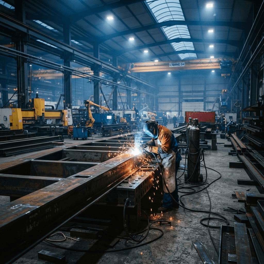 Fabrication workshop with welding sparks